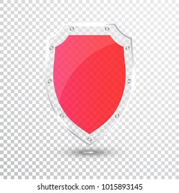 Transparent Red Shield. Safety Glass Badge Icon. Privacy Guard Banner. Protection Shield Concept. Decoration Secure Element. Defense Sign. Conservation Symbol. Vector illustration.