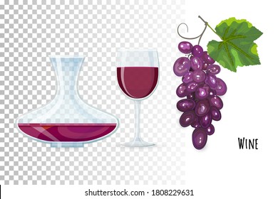 Vidrio de vino tinto transparente, decantador de vidrio transparente con vino tinto, racimo de uva. Vector de vidrio con bebida alcohólica. Vidrio de vid completo, icono de decanter en estilo plano para diseños de interiores web.