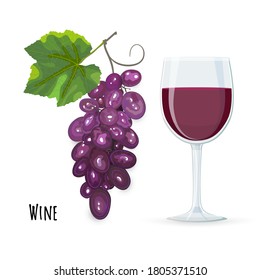 Transparent red wine glass, red grape branch, green leaf. Full vine glass icon with cluster of berries in flat style. Lettering Wine. Vector illustration on white background.