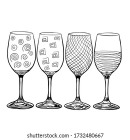Gafas de vino tinto transparentes conjunto de ilustraciones de vector dibujadas a mano aisladas en fondo blanco 