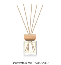 Transparent reed diffuser bottle mockup. Home fragrance with yellow liquid perfume. Cube aromatic diffuser with wooden cap. 3D vector illustration