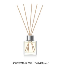 Transparent reed diffuser bottle mockup. Home fragrance with yellow liquid perfume. Cube aromatic diffuser with silver cap. 3D vector illustration