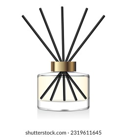 Transparent reed diffuser bottle mockup. Home fragrance with yellow liquid perfume. Round aromatic diffuser with black fiber coated sticks and golden cap. 3D vector illustration