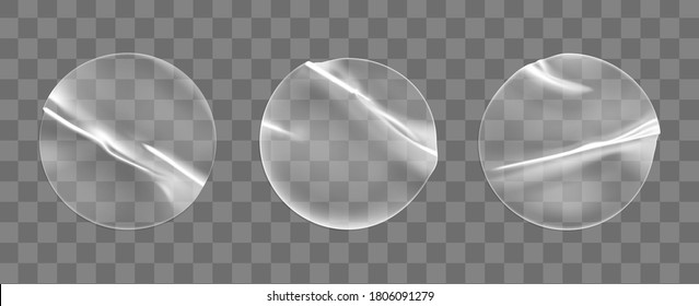 Transparent round adhesive stickers mock up set isolated on transparent background. Plastic crumpled round sticky label with glued effect. Template of a label or price tags. 3d realistic vector mockup