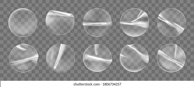 Transparent round adhesive stickers mock up set isolated on transparent background. Plastic crumpled round sticky label with glued effect. Template of a label or price tags. 3d realistic vector mockup - Shutterstock ID 1806734257