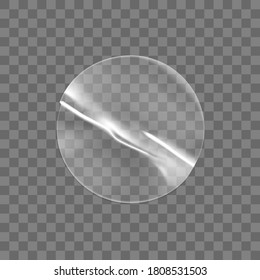 Transparent round adhesive stickers mock up isolated on transparent background. Plastic crumpled round sticky label with glued effect. Template of a label or price tags. 3d realistic vector mockup