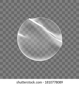 Transparent round adhesive stickers mock up isolated on transparent background. Plastic crumpled round sticky label with glued effect. Template of a label or price tags. 3d realistic vector mockup