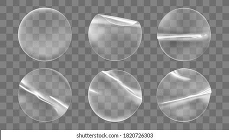 Transparent round adhesive stickers mock up set isolated on transparent background. Plastic crumpled round sticky label with glued effect. Template of a label or price tags. 3d realistic vector mockup