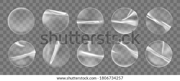 Transparent round adhesive stickers mock up set\
isolated on transparent background. Plastic crumpled round sticky\
label with glued effect. Template of a label or price tags. 3d\
realistic vector\
mockup