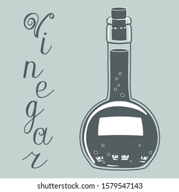 Transparent round bottle in the form of a flask with a dark liquid inside, a label and a cork on a gray isolated background with the inscription Vinegar, vector clip art