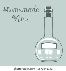 Transparent round bottle with a label and cork on a gray isolated background with inscription Homemade wine, vector clip art