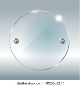 Transparent round circle. See through element on checkered background. Plastic banner with reflection and shadow. Glass plate mock up. Vector illustration