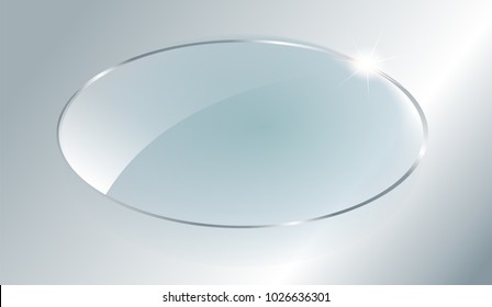 Transparent round circle. See through element on checkered background.Glass plate mock up. Vector illustration