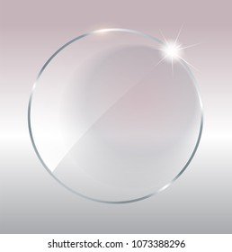 Transparent round circle. See through element on checkered background. Plastic banner with reflection and shadow. Glass plate mock up. Vector illustration