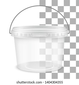 Transparent round empty plastic bucket with metallic handle for storage of foodstuff, butter, paint or plaster. Front view. Vector packaging mockup illustration.