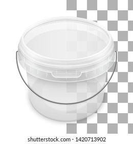 Transparent round empty plastic bucket with metallic handle for storage of foodstuff, butter, paint or plaster. Top view. Vector packaging mockup illustration.