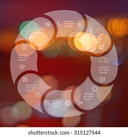 Transparent round infographic diagram on blurred bokeh background. Circular connected chart with 8 options. Paper progress steps for tutorial. Business concept sequence banner. EPS10 workflow layout.
