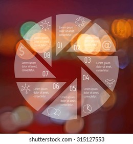 Transparent round infographic diagram on blurred bokeh background. Circular connected chart with 8 options. Paper progress steps for tutorial. Business concept sequence banner. EPS10 workflow layout.