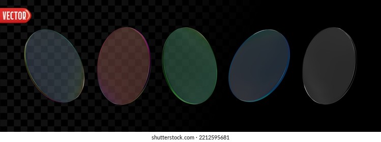 Transparent Round set of glass plates. Collection Glass morphism. Realistic 3d design mirror. Vector illustration