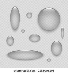 Transparent round water drops on a smooth surface, realistic vector illustration.