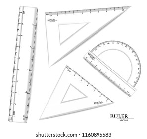 Transparent Rulers set Vector realistic. Drawing set isolated on white. Metric measures imperials