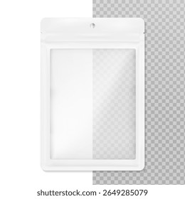 Saco de saqueta transparente com ranhura de euro, fecho de correr e bolacha rasgada. Ilustração vetorial hiper-realista isolada em branco sobre fundo transparente. Pronto para uso no seu design. EPS10