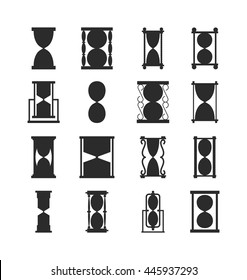 Transparent sandglass icons set, time hourglass, sand clock flat design history second old object