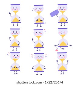 Transparent sandglass, time hourglass, sandclock. Set of cute, attractive characters with emotions. Vector illustration. For packaging, brochures, advertising, design.