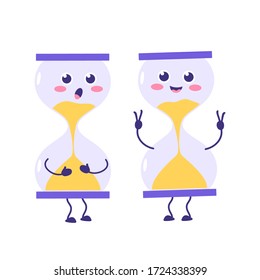 Transparent sandglass, time hourglass, sandclock. Two cute attractive characters with different emotions. Vector illustration. For packaging, brochures, advertising, design.