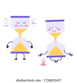 Transparent sandglass, time hourglass, sandclock. Two cute attractive characters with different emotions. Vector illustration. For packaging, brochures, advertising, design.