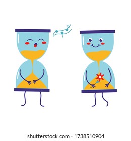 Transparent sandglass, time hourglass, sandclock. Two cute attractive characters with different emotions. Vector illustration. For packaging, brochures, advertising, design.