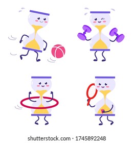 Transparent sandglass, time hourglass, sandclock. Cute, attractive characters play sports. Vector illustration. For packaging, brochures, advertising, design.