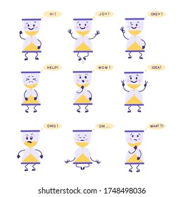Transparent sandglass, time hourglass, sandclock. Set of cute, attractive characters with emotions. Vector illustration. For packaging, brochures, advertising, design.