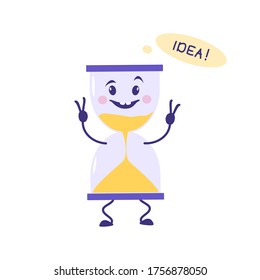 Transparent sandglass, time hourglass, sandclock. A cute, attractive character is cheerful, joyful. Vector illustration. For packaging, brochures, advertising, design.