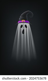 Transparent scary halloween ghost in hat on dark background.