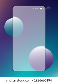 Transparent screen of mobile phone in trendy style glass morphism, frosted glass. Template of mobile phone on abstract background with circles for applications, internet projects. Vector illustration.