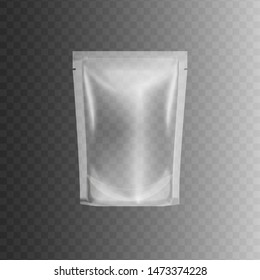 Transparent Sealed Plastic Bag Package, Realistic 3d Mockup Of Clear Blank Glossy Polyethylene Pouch Container For Food. Isolated Vector Illustration Template For Retail Size Product Branding.