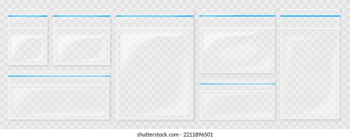 Transparent sealed plastic pocket bags collection. Blank vacuum zipper bag. Polythene container set on transparent background vector illustration