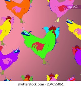 Transparent seamless pattern with birds, roosters and hens on a gradient pink background and text.