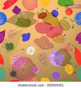 Transparent seamless pattern from colored floral motifs,vases,leaves and text on a light  gradient background.