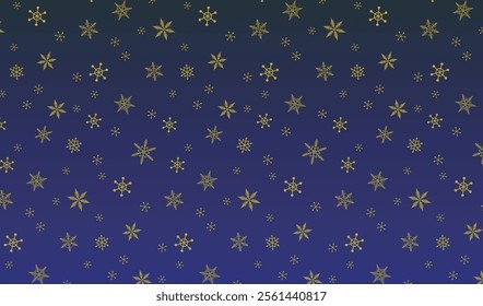 Transparent seamless pattern of gold snowflakes on navy blue background