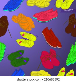 Transparent seamless pattern of multicolored shoes, boots, slippers on a gradient  background. Handmade.