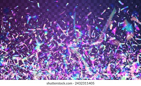 Transparent Serpentine. 3d Concept. Cristal Banner. Digital Ribbon. Iridescent Burst. Blue Light Tinsel. Glare Colourful Template. Neon Glitter. Purple Transparent Serpentine