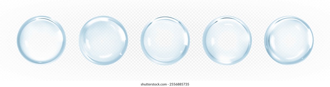 Transparent сosmetic serum bubbles. Hyaluronic acid. Collagen clear drops. Skincare product. Vector illustration