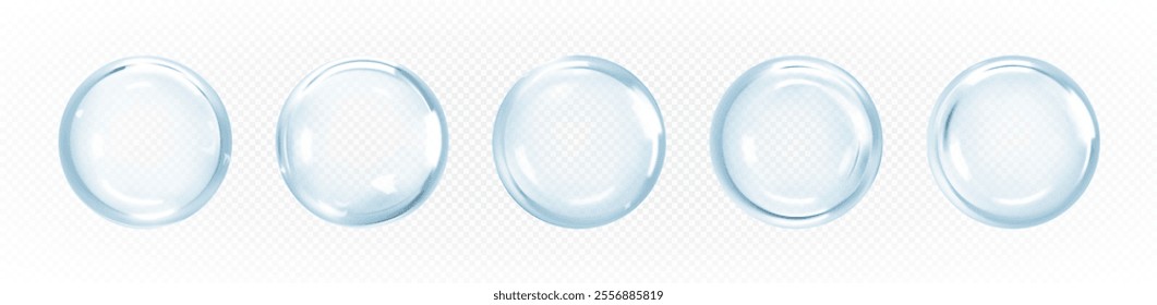 Transparent сosmetic serum bubbles. Hyaluronic acid. Collagen clear drops. Skincare product. Vector illustration