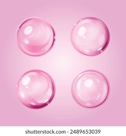 Transparent serum drops set isolated on background. Vector realistic illustration of pink cosmetic gel blobs, round soap bubbles with light reflection, skin care oil sample, vitamin essence swatch