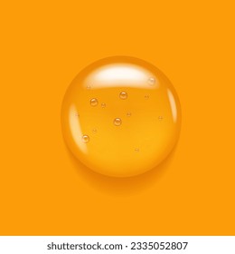 Transparent serum gold orange gel drop. Oil textured liqud skin or hair care beauty prodict swatch. 3d clear face cream. Macro top view closeup of round puddle smudge in laboratory.