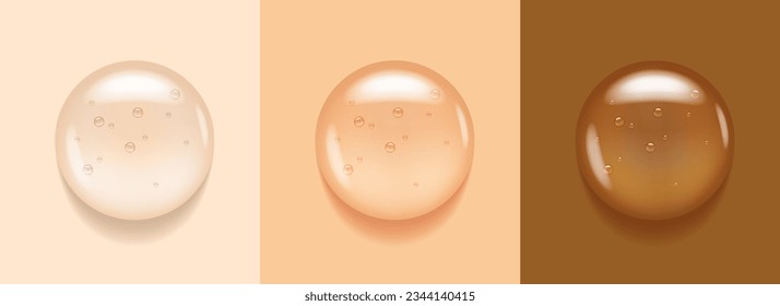 Transparent serum swatch on beige and brown background. Essential glycerin cream toner concept. Oily moisture smear puddle. Round wash fuid microscope realistic blob