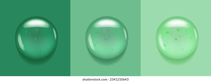 Transparent serum swatch on mint, olive and aloe green background. Essential glycerin cream toner concept. Oily moisture smear puddle. Round wash fuid microscope realistic blob