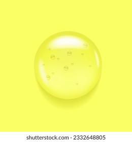 Transparent serum swatch on yellow lemon background. Essential glycerin cream toner concept. Oily moisture smear puddle. Round wash fuid microscope realistic blob